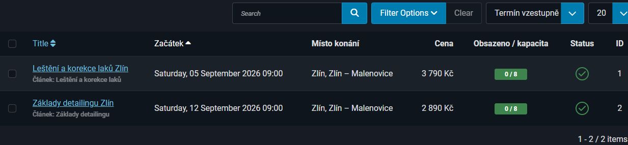 Seznam kurzů a jejich podřízených termínů v administraci SDU